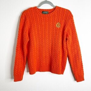 Ralph Lauren Sweater Orange Cable Knit Crew Neck Embroidered Logo Medium